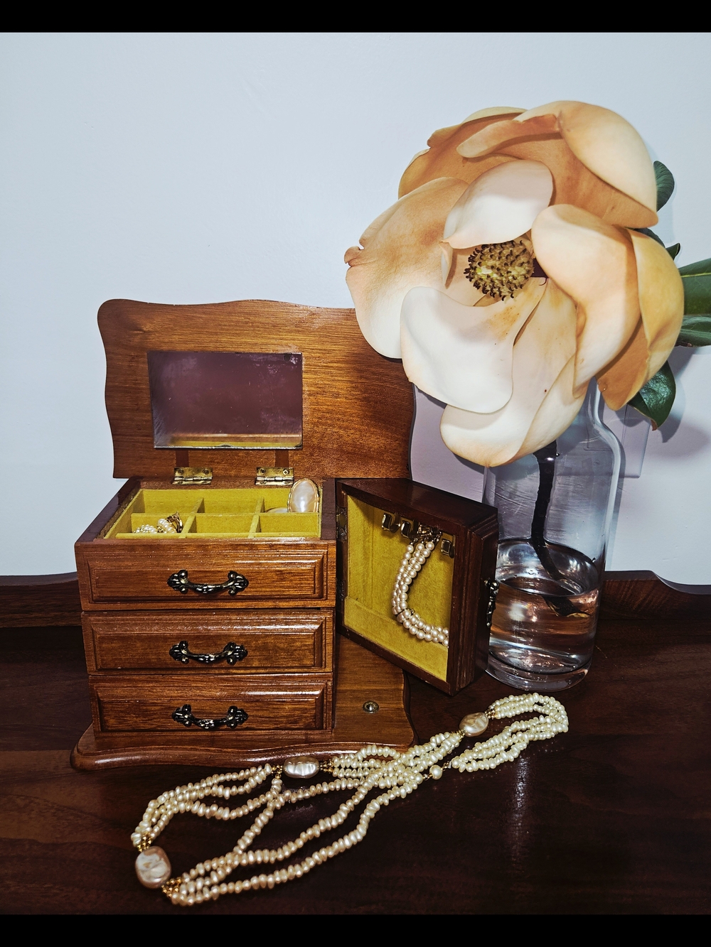 Mid-century Centurion Wooden Jewelry Box with Yellow Velvet Lining